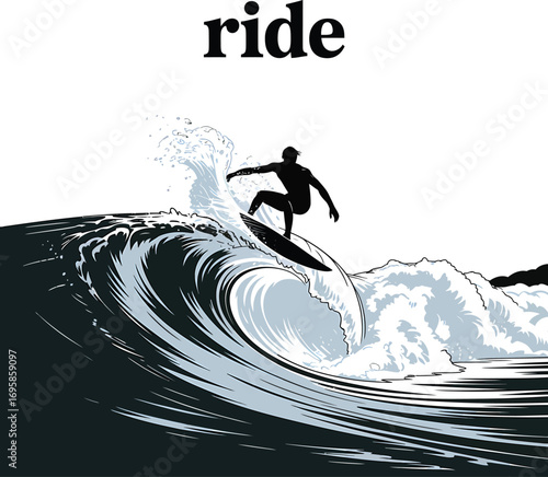 Surfing Silhouette with Ride Text Illustration for Water Sports and Adventure