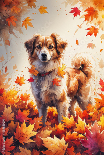 Cute dog in autumn leaves, watercolor illustration