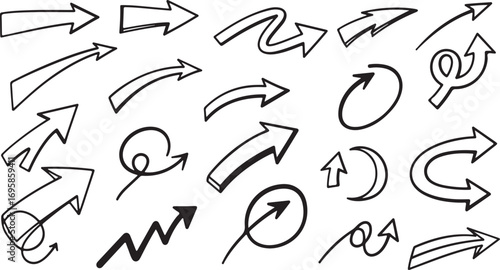 Hand drawn arrow collection diverse directions shapes simple sketch style elements vector