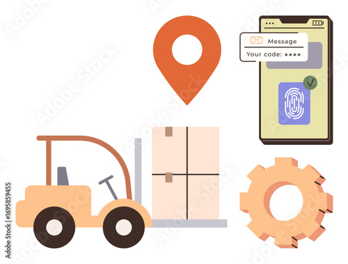 Forklift moving boxes, location marker, smartphone with verification code and fingerprint, and gear. Ideal for logistics, supply chain, security, technology, warehousing shipping innovation themes