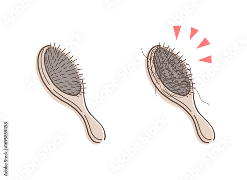 髪の毛のついたヘアブラシのイラストセット