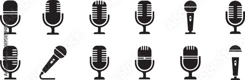 Collection of diverse microphone silhouettes for audio recording and broadcasting concepts vector