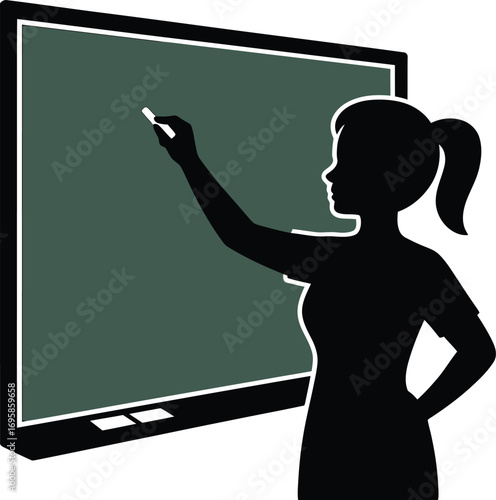 Silhouette of a Teacher Writing on a Chalkboard in a Classroom Setting with an Eraser Below
