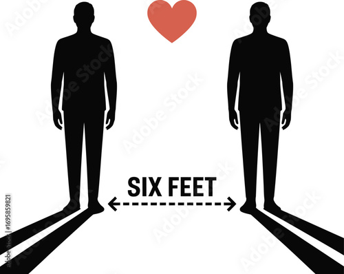 Social Distancing Illustration: Two People Separated by Six Feet with Heart Symbol Above
