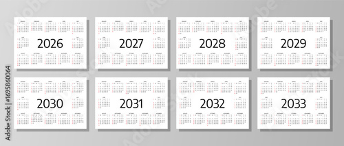 2026, 2027, 2028, 2029, 2030, 2031, 2032, 2033 calendars. Calender templates for year. Week starts Sunday. Planner layout with 12 months. Yearly grids in English. Vector illustration. Schedule diary