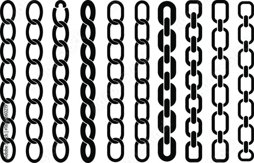 Collection of various black metal chain links arranged vertically on a white background