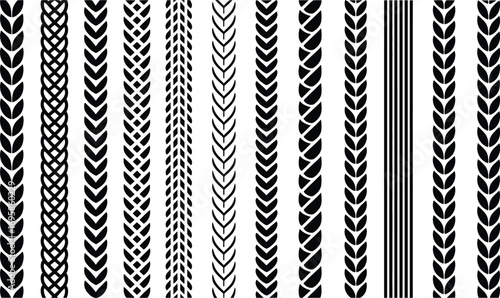Collection of diverse black and white tire tread patterns and textures for design