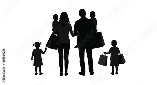 a family silhouette walking together holding shopping bags