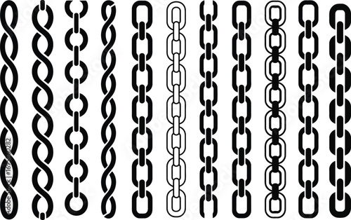 Collection of diverse chain links and patterns in a vertical arrangement