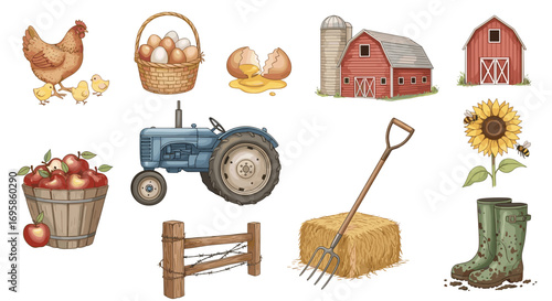 Illustration of farm elements including animals crops and equipment