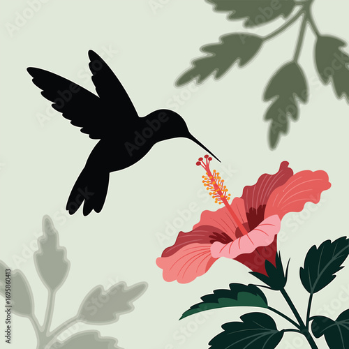 Hummingbird's Delight A Silhouette Sipping Nectar from a Vibrant Hibiscus Flower Bloom