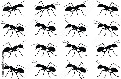 Seamless pattern of black ants marching in a grid on a white background