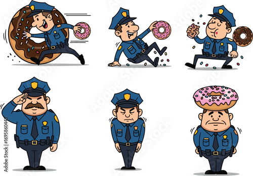 Funny police officer cartoon eating donuts, humorous police illustrations, law enforcement characters, playful cops, food and police humor, funny job moments