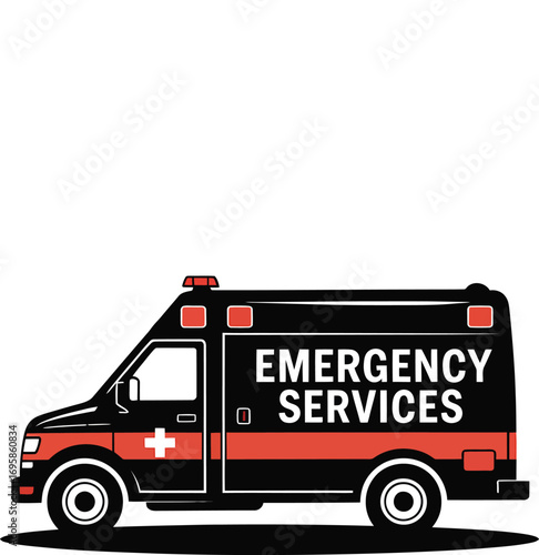 Emergency Services Ambulance Vector Illustration: Black and Red Vehicle with Text