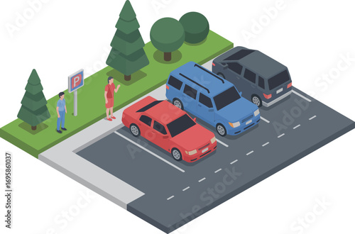 Isometric view of a parking lot with cars trees and people on a sidewalk