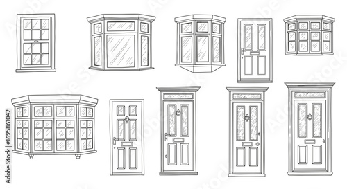 Assortment of hand drawn doors and windows in a black and white sketch