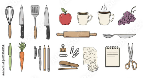 A collection of kitchen utensils and office supplies arranged together