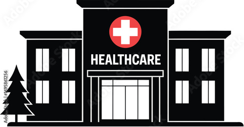 Healthcare Building Exterior with Red Cross Symbol for Medical Services and Treatment