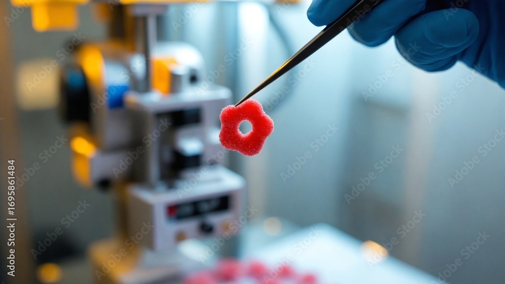 Bioprinting human tissue in a sterile laboratory, with a scientist observing and handling the 3D printed scaffold with tweezers. Bioprinting human tissue in a sterile laboratory, with a scientist observing and handling the 3D printed scaffold with tweezers.