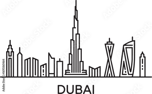 Dubai Skyline Silhouette with Famous Buildings and Landmarks on Transparent Background