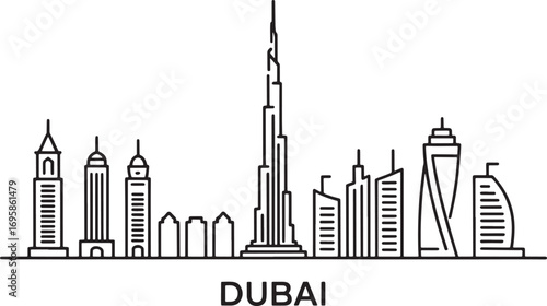 Dubai Skyline Silhouette with Famous Buildings and Landmarks on Transparent Background