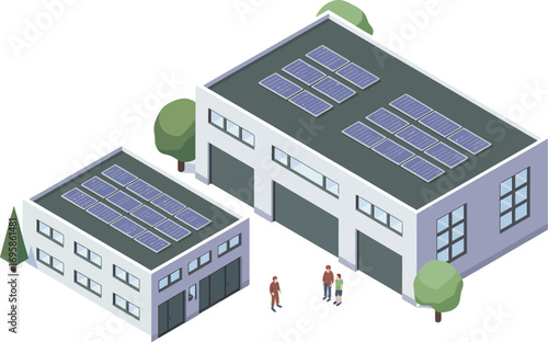 Modern industrial buildings with solar panels and green trees in isometric view