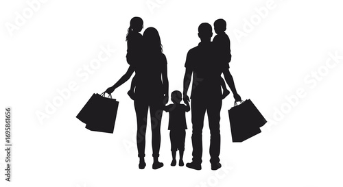 a family silhouette holding shopping bags together