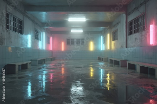 Gloomy room with tiled walls  shiny floor  and colorful neon lights. It can represent loneliness  or creative places in urban landscapes.