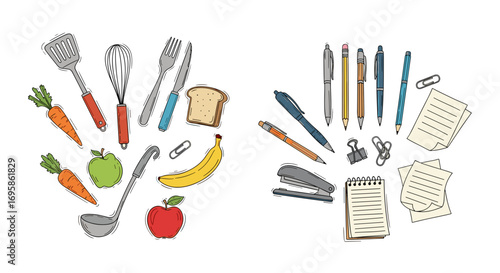 Illustration of kitchen utensils fruits and office supplies on white background