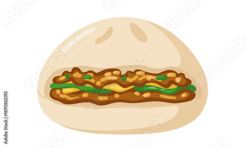 A cartoon illustration of a savory bao bun filled with meat, cheese, and green garnish.