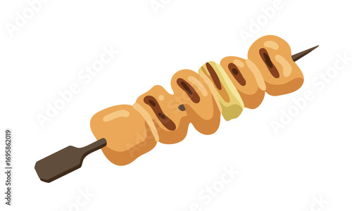 Grilled chicken and pineapple skewers on a wooden stick.