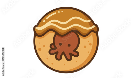 A cute cartoon illustration of a Japanese takoyaki ball with a small octopus inside and sauce drizzled on top.