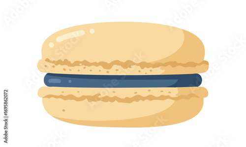Close-up of a light beige macaron with a dark blue filling.