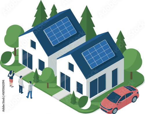 Modern eco friendly houses with solar panels and electric car in a green neighborhood
