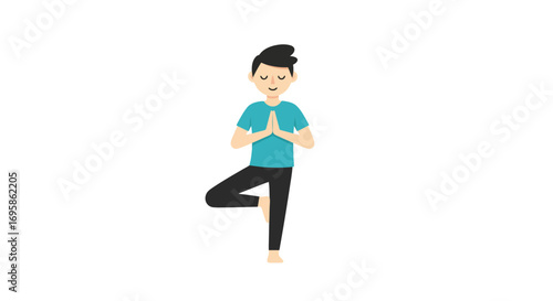 Serene young man practicing yoga, balancing in the classic Vrikshasana tree pose with hands in prayer. Flat design character for wellness and meditation concepts
