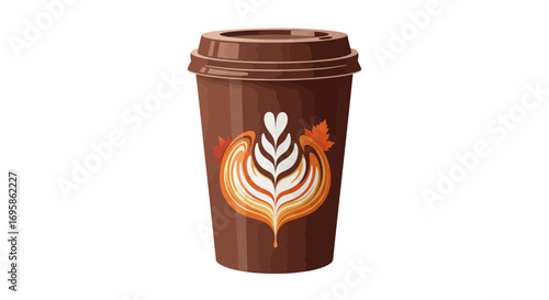 Disposable brown coffee cup with a lid and elegant latte art design. Vector illustration of a hot takeaway beverage isolated on a white background