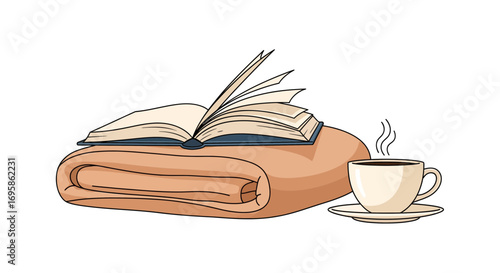 Cozy hygge lifestyle concept with a warm blanket, an open book, and a hot cup of coffee for relaxing at home