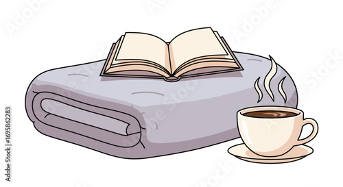 Cozy moment of relaxation with a warm drink and a good book on a soft blanket. Hygge lifestyle concept illustration