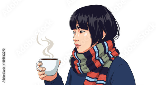 Illustration of a young woman in a colorful scarf enjoying a moment of cozy warmth with a steaming hot drink