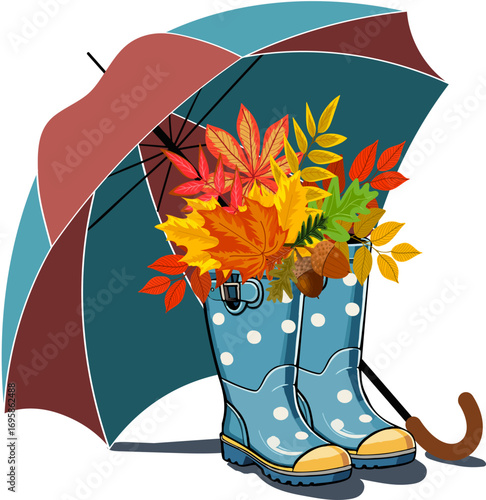 Leaves in shoes under an umbrella.Vector illustration with bright autumn leaves in rubber boots under a large umbrella.