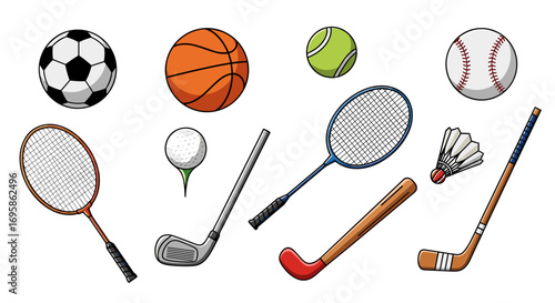A collection of various sports equipment items displayed on a white background