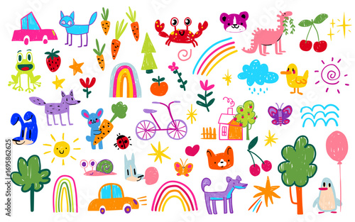 Kid rainbow school illustrations with animals, cars, fruits and colorful doodles for children. Playful dinosaur, bicycle and houses with vibrant style. Kindergarten elements for learning materials.