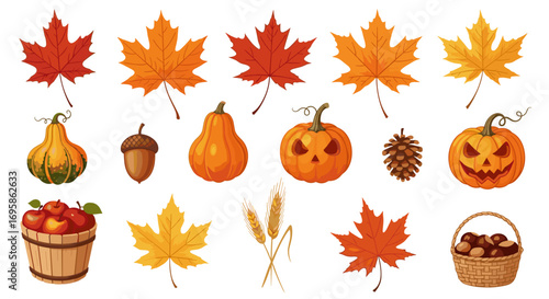 Autumn harvest collection of maple leaves pumpkins and fall elements art