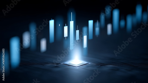 AI chip glowing on circuit board with stock market candlestick chart floating above in futuristic digital style