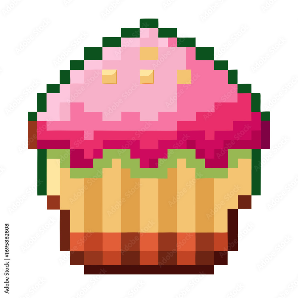 Fototapeta premium Charming pixel art cupcake illustration, a delightful sweet treat perfect for playful designs and food-themed projects