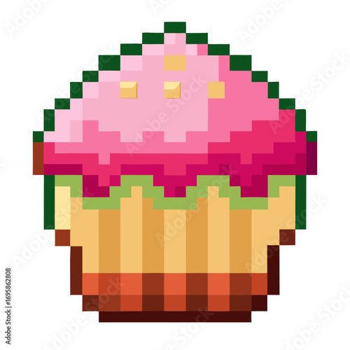 Charming pixel art cupcake illustration, a delightful sweet treat perfect for playful designs and food-themed projects
