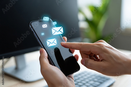 Person using a smartphone to manage emails and messages with digital icons floating around the device for communication and connectivity.