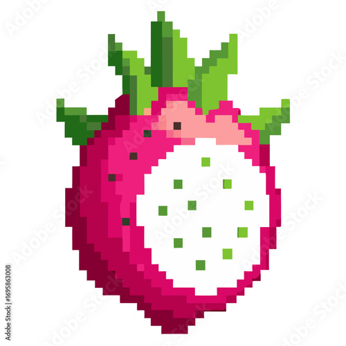 Pixel art dragon fruit pitaya, a vibrant and simple design perfect for food blogs and creative projects, fun and playful.