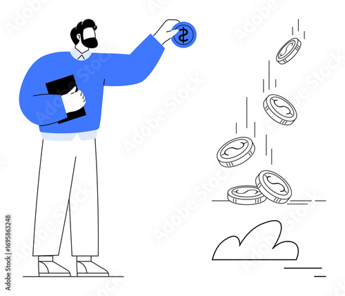 Man holding notebook tosses coin as more coins fall, representing finance, saving, investment, wealth, growth, economy, and budgeting. Ideal for fintech personal finance money management