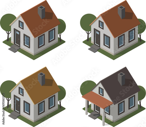 Four isometric houses with trees and different roof colors on a light background